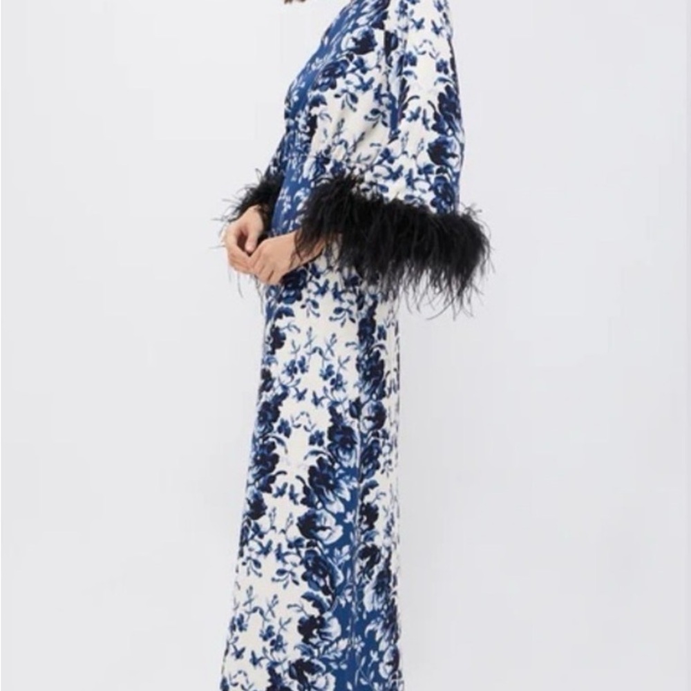 Tuckernuck Blue and White Long-Sleeve Floral Maxi Dress with Feather Cuffs - Picture 3 of 5